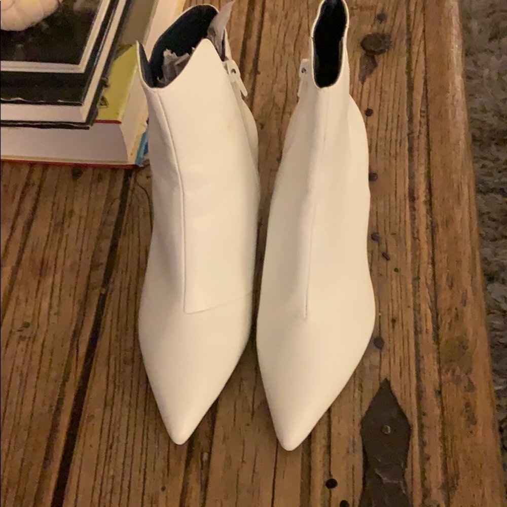 White booties with silver-tone cool heels